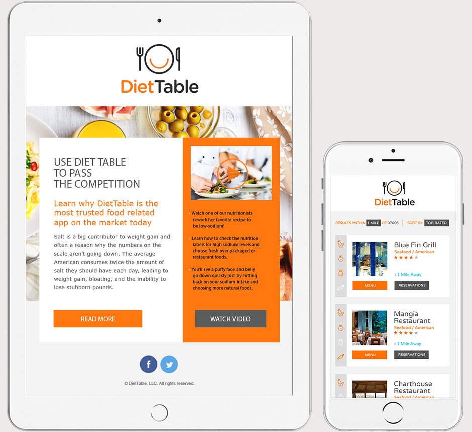 DietTable Email on Tablet and Mobile Website